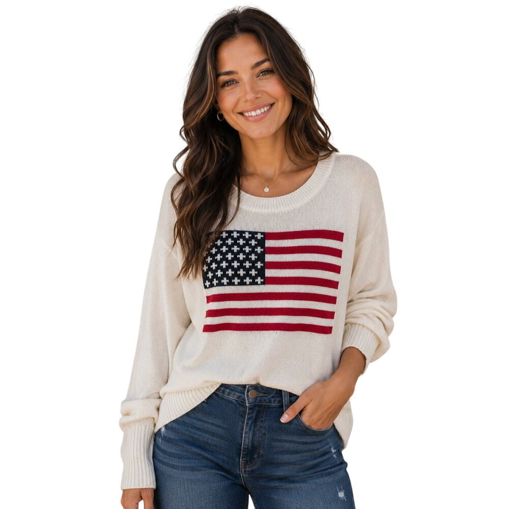 Vince Camuto NEW USA Flag Sweater Womens Size XL Off White Cotton Patriotic NWT
